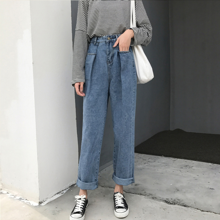 Real-price, high-waist, slim and wide-legged students'net red jeans