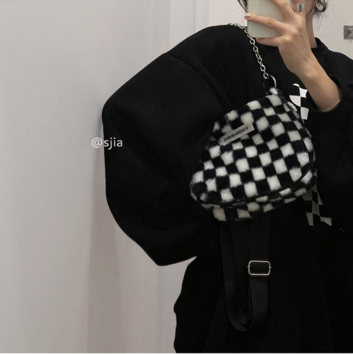 Real special Korean ins checkerboard Plush letter armpit bag diagonal cross bag