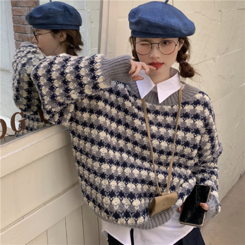 Real price retro color contrast round neck Pullover Sweater fashion loose casual versatile long sleeve Knitted Top