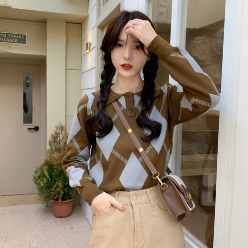 Real price and real shooting Ling lattice sweater top women's new color contrast polo collar long sleeve sweater in autumn and winter 2021