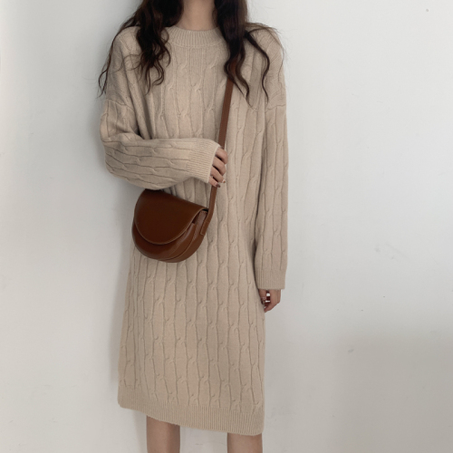 Real price lazy wind wool dress medium long knee thick wool twist knitted dress women's bottomed skirt