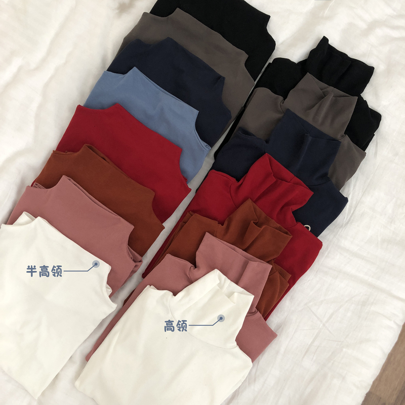 Long-sleeved T-shirt with solid color, semi-high collar, warm bottom and thin high collar has been inspected