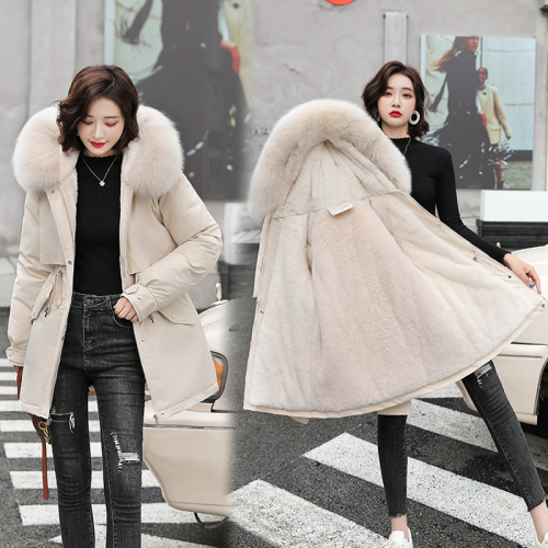 Real shot 2021 down jacket female Korean version lamb wool inner liner to overcome medium and long waist closing cotton jacket and thickened cotton jacket