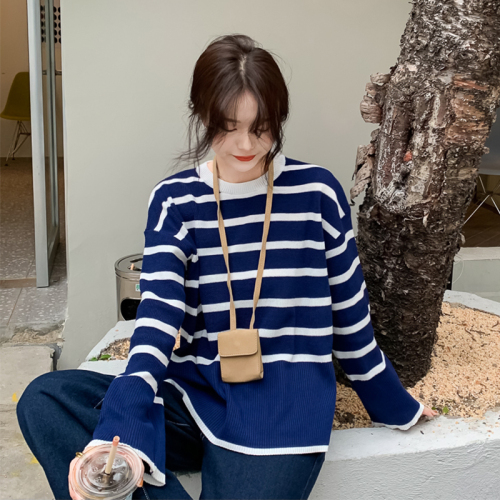 Real price real shooting autumn and winter striped sweater women's lazy wind loose split Pullover Sweater 2021 top