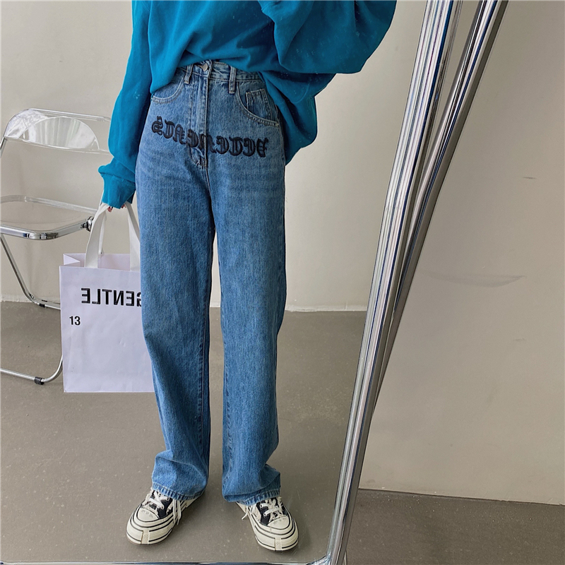 Real price! Hong Kong chic retro denim pants fashionable embroidered wide leg high waisted mops
