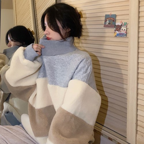 Real price lamb cashmere color matching half high collar sweater women's Korean version loose and lazy style