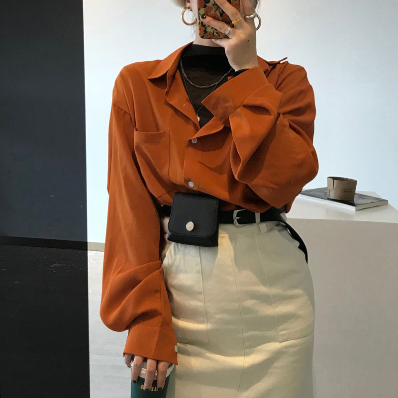 Real price Han chic white orange lantern sleeve loose casual shirt