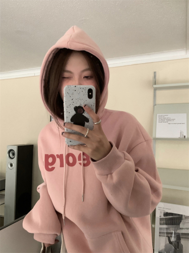 Real price winter Korean version letter loose and versatile hooded thickened Plush sweater women's lazy style