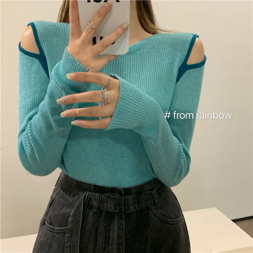 Real shot of spring and autumn design sense of minority self-cultivation Korean version with off shoulder top