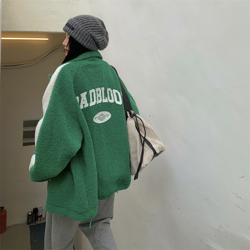 Real shooting real price versatile new loose color matching sleeve lamb wool printed cardigan coat
