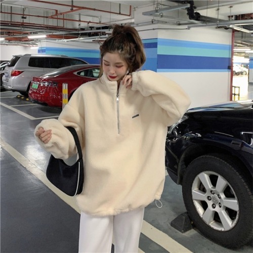 Autumn and winter loose Korean stand collar zipper medium and long drawstring Plush thickened cashmere coat