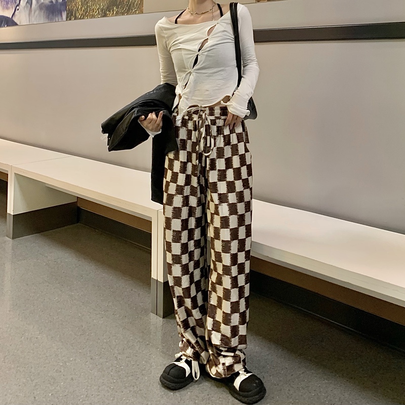 Real shooting net red same autumn and winter new silk velvet checkerboard leisure pants women