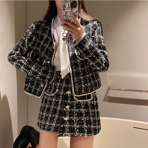 Real price real shooting ~ 2021 winter new small fragrant tweed thickened and cotton short coat irregular half suit