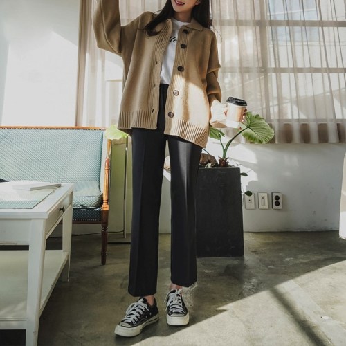 Black suit pants straight and loose nine-point students spring and autumn high waist drop feeling wide-legged Korean version slim CEC pants