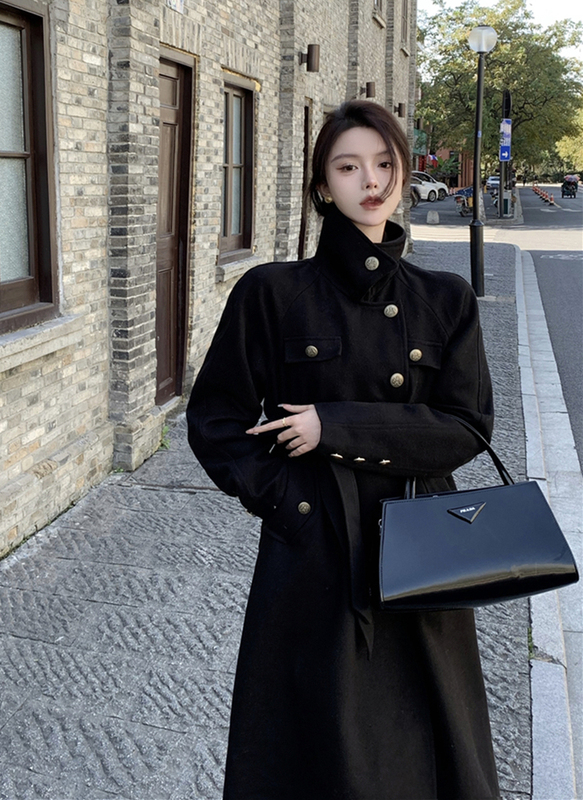 Real shooting autumn and winter retro waist closing medium long woolen jacket belt female