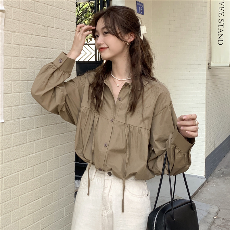 Real shot real price fungus edge collar lace up niche design shirt French Vintage solid color versatile shirt