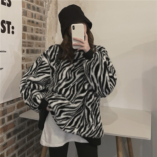 Real price! Western style zebra pattern cashmere and cashmere sweater autumn winter loose round neck Pullover