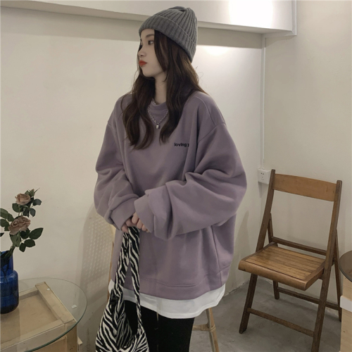 Real price! Lazy letter embroidery loose medium length fake two piece stitched Plush women's sweater