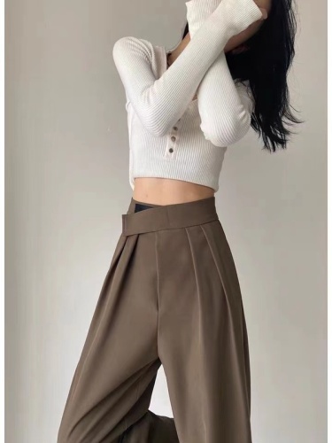 Non real shot brown coffee spring and autumn leisure wide leg pants women's sagging feeling floor dragging suit straight pants