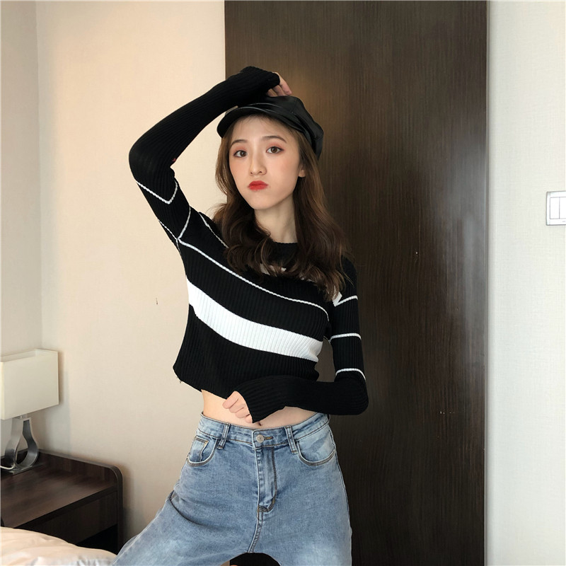 Real price retro chic stripe short version T-shirt long sleeve T-shirt women