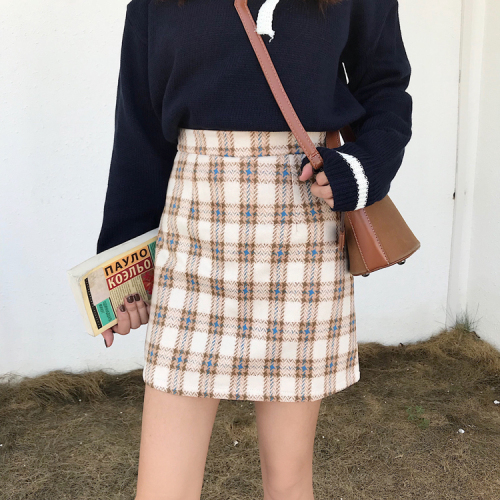 Real Price Shot ~2019 Korean Chequered Half-length Skirt Female Short Skirt with Slender, High Waist and Short Style Student's A-shaped Short Skirt