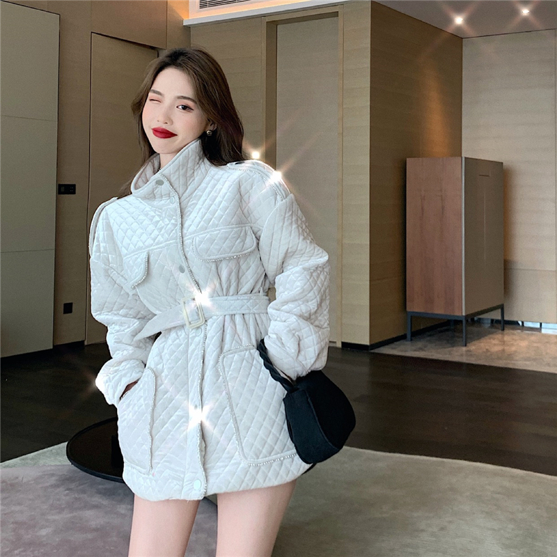 Real price! French ins Rhinestone velvet diamond cotton padded jacket for women's waist closing high collar coat