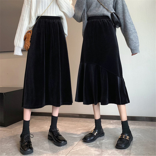 Real price ~ Black golden velvet skirt women's autumn and winter High Waist Wide Leg a-word bag hip medium long fishtail skirt