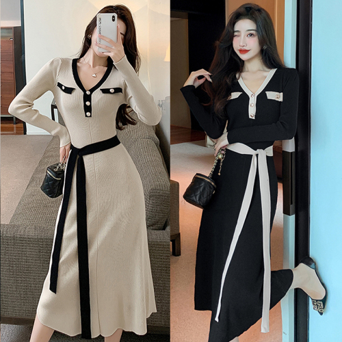 Real shooting French style small fragrance light luxury simple contrast color slim dress women's long knitted bottom skirt