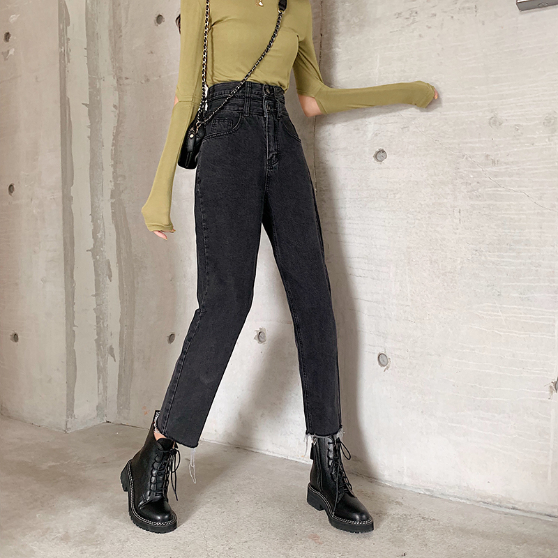 Real-price fashion Hong Kong flavor high waist retro washed jeans with ripped fringes and nine-minute pants