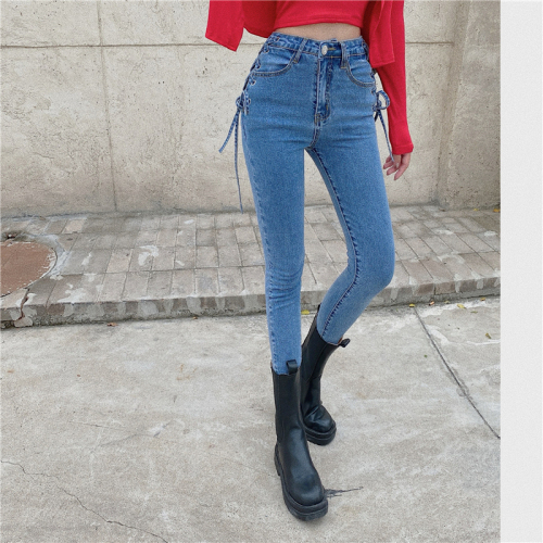 Real price Hong Kong Style personalized cross lace up pants elastic high waist skinny jeans