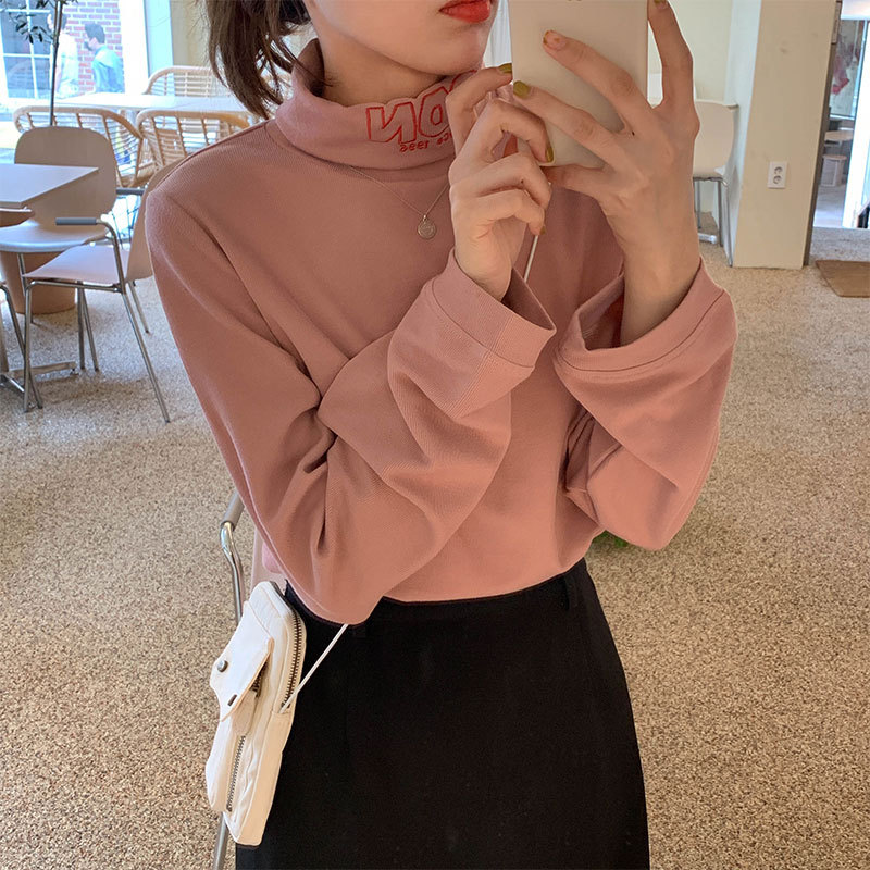 Real Korean chic new small high collar long sleeved sweater T-shirt long sleeved T-shirt