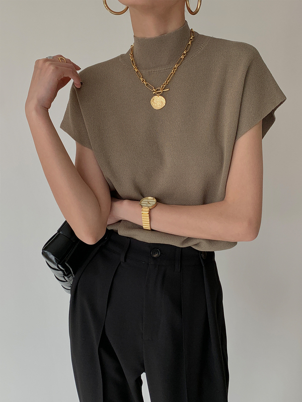 Half high neck waistcoat knitted vest women's T-shirt loose 2021 new short sleeved top