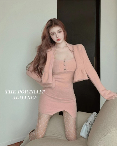 Real price sexy pure desire imitation mink hair hanging neck split skirt + plush short coat two-piece set