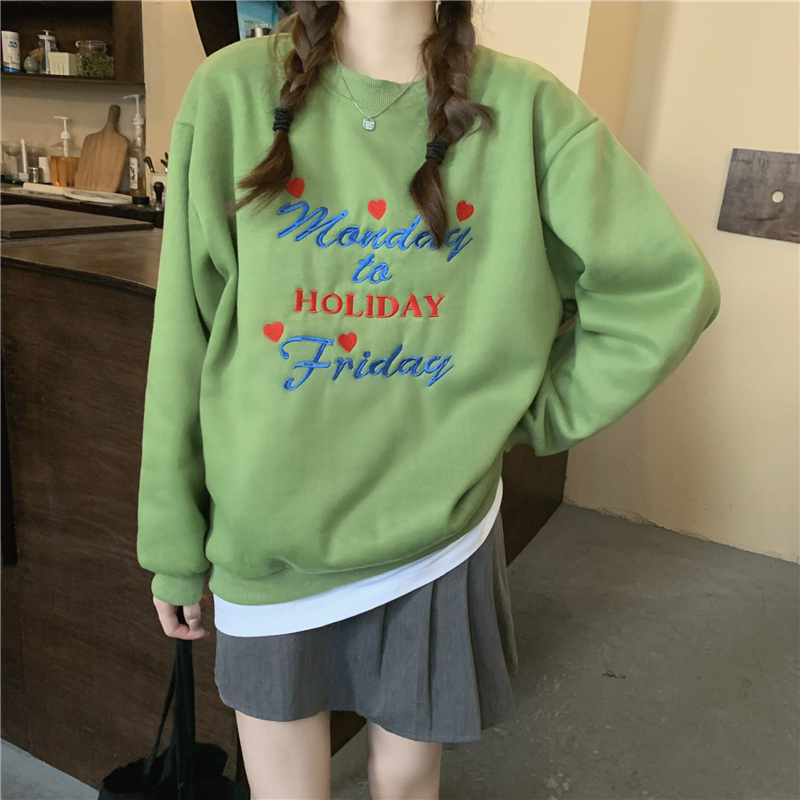 Real price Korean student round neck loose Plush sweater women's contrast letter embroidery printed top