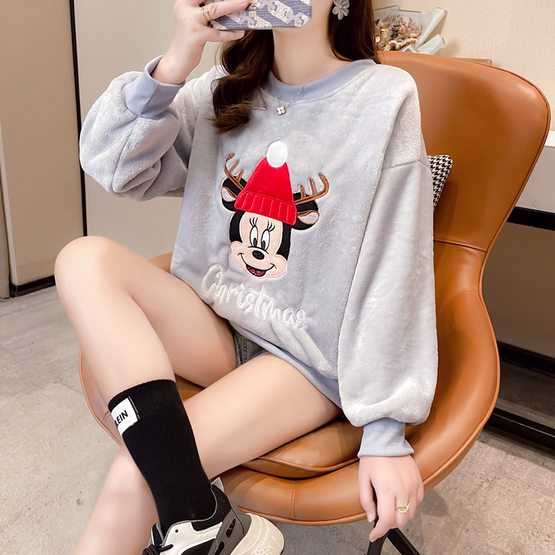 Real shot flannel large size sweater women's 2022 spring new plush thickened warm bottom shirt