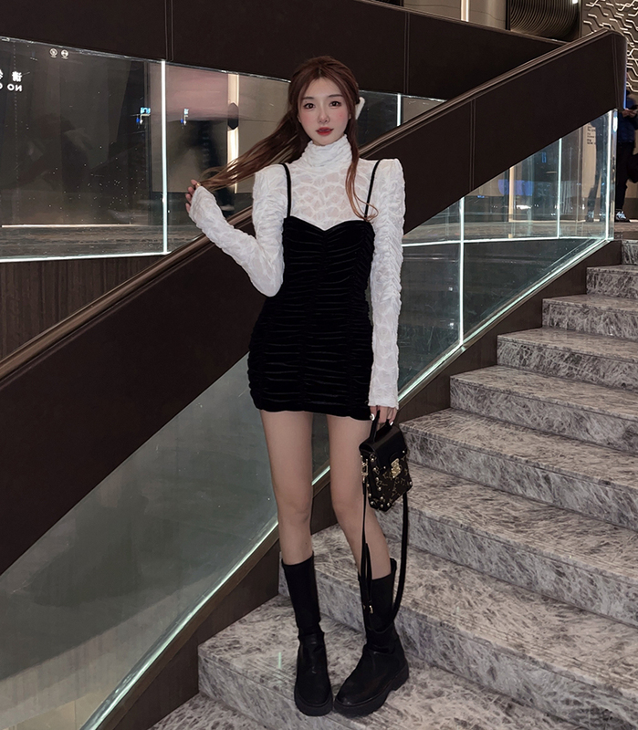 Real price sexy slim pleated velvet suspender skirt + high waist western style bottom shirt