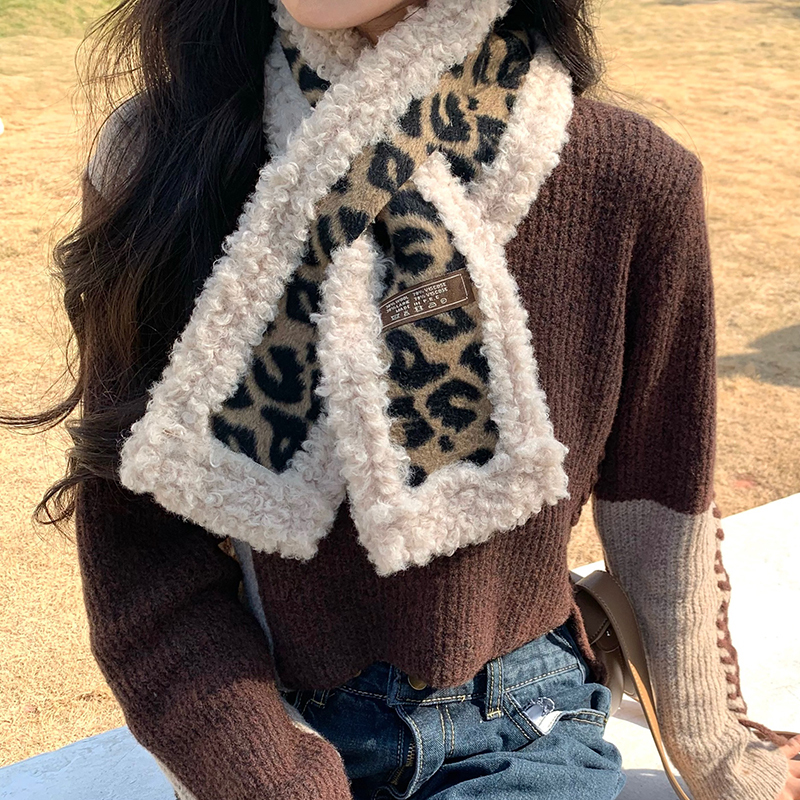 Real shot Plush scarf autumn winter leopard striped lamb hair cross fashion collar girl