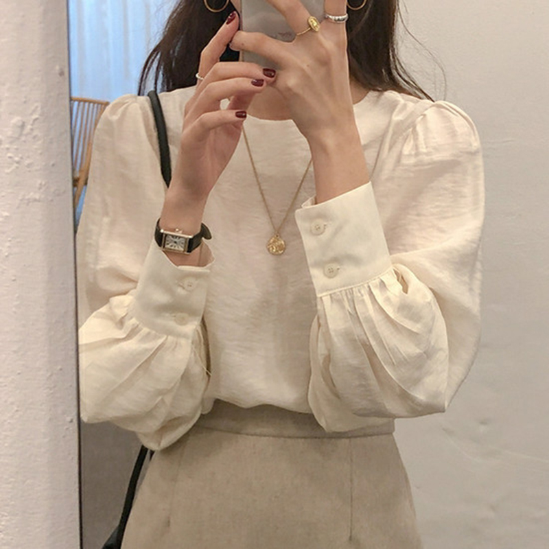 Korean chic retro minority light familiar style square neck lace design shirt female trumpet sleeve foreign style top