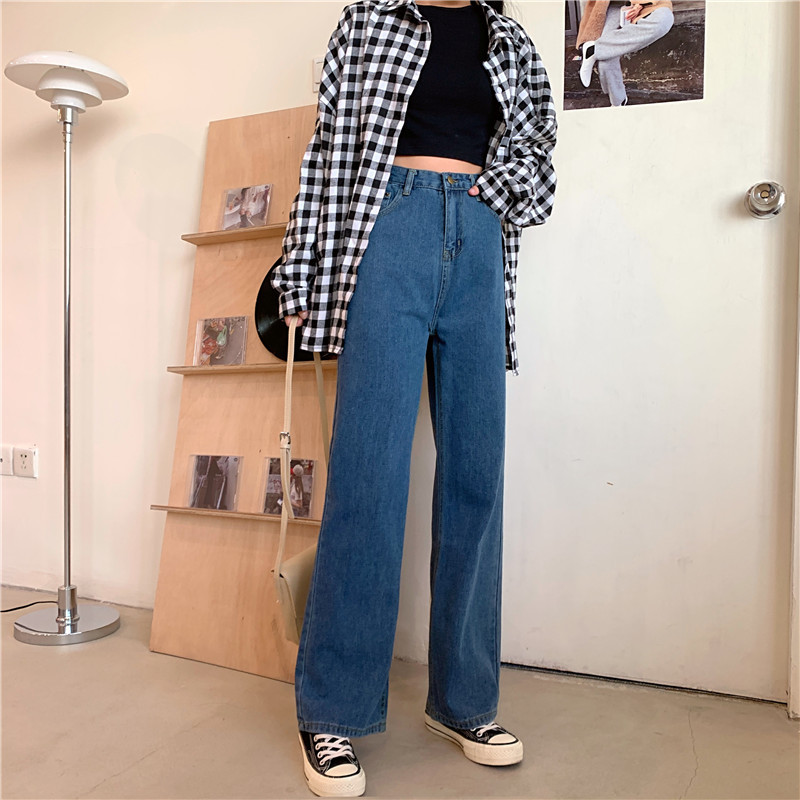 Real shot winter Plush jeans women's high waists show thin and drooping feeling wide leg pants straight tube floor long pants