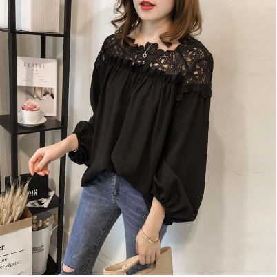 Autumn plus size women's new long sleeve shirt fat versatile lace top Korean version Jin loose bottomed shirt