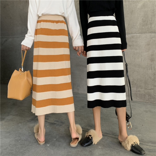 Real price high waist Striped Knee Length knitted skirt women's mid length straight skirt