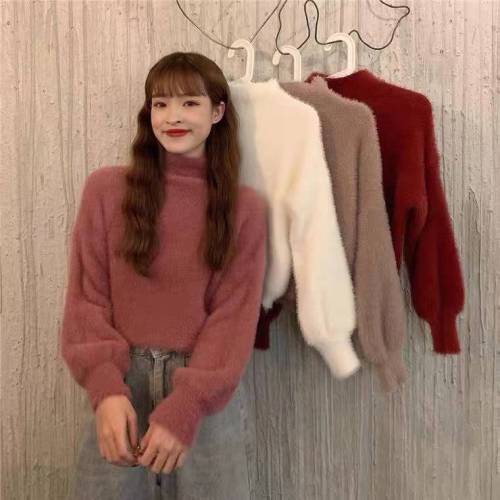 Korean mink, gentle and versatile, half high neck thickened warm pullover sweater, female