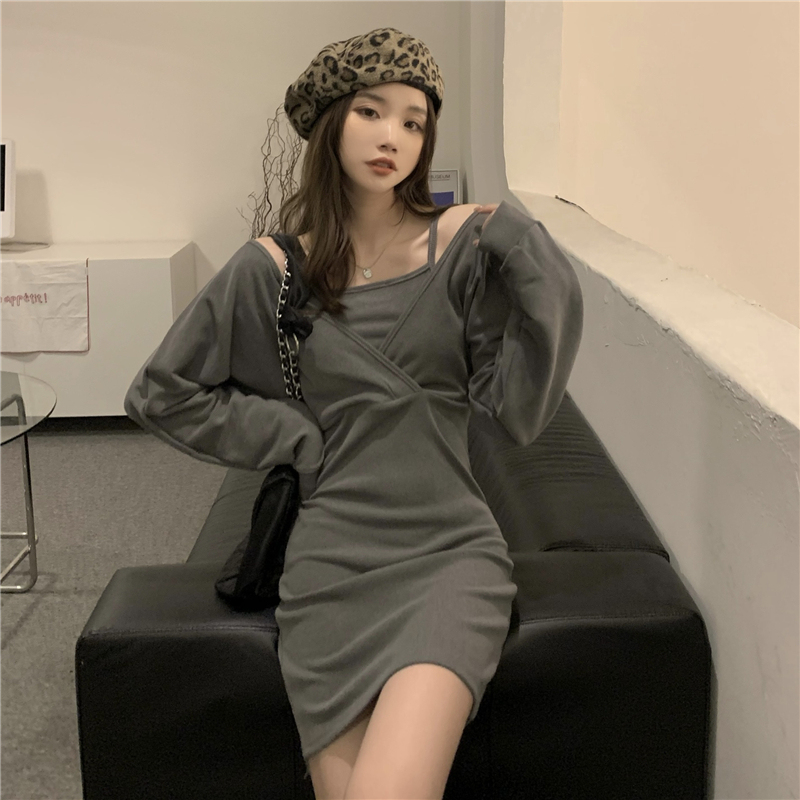 Real shooting real price fried hot girls fake two-piece dress design sense of slim temperament suspender Hip Wrap Skirt