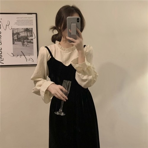 Real price! French retro fake two pieces of velvet A-line skirt, thin dress, annual meeting skirt