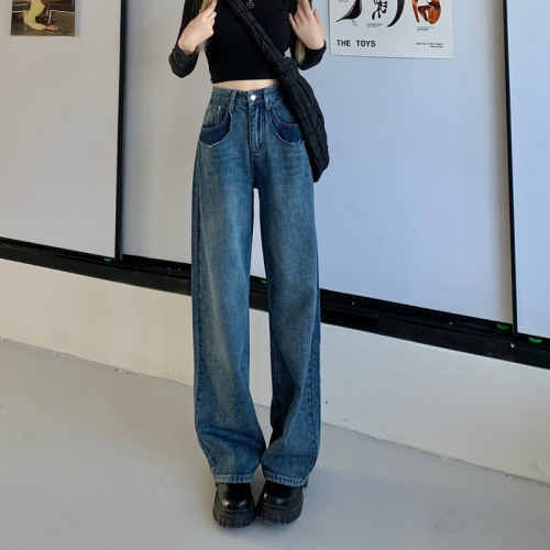 Real price ~ two versions are optional! High waist slim versatile double pocket design wide leg mopping jeans