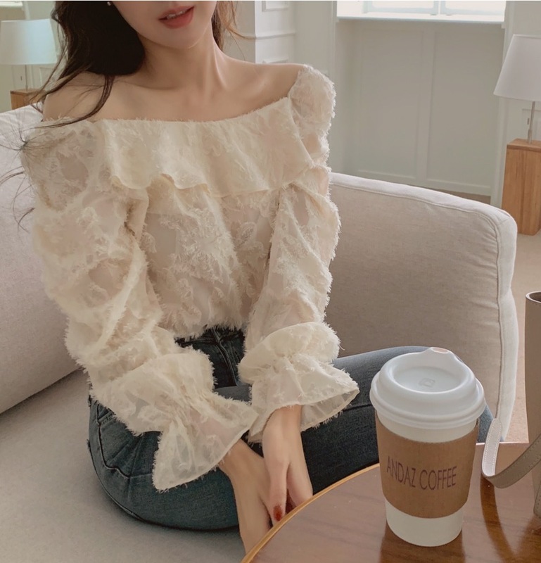 Korean style sweet atmosphere jacquard shoulder lotus leaf edge trumpet sleeve aging Shirt Top