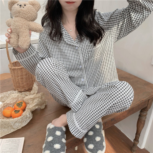 Real price Korean version ins small fresh and sweet lace leisure wear cotton thousand bird grid home clothes pajamas