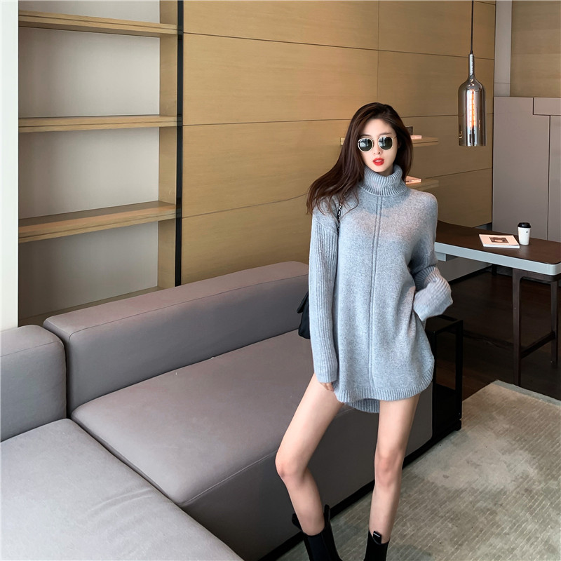 Real price new high collar button split at both sides relaxed lazy style thickened medium length Pullover