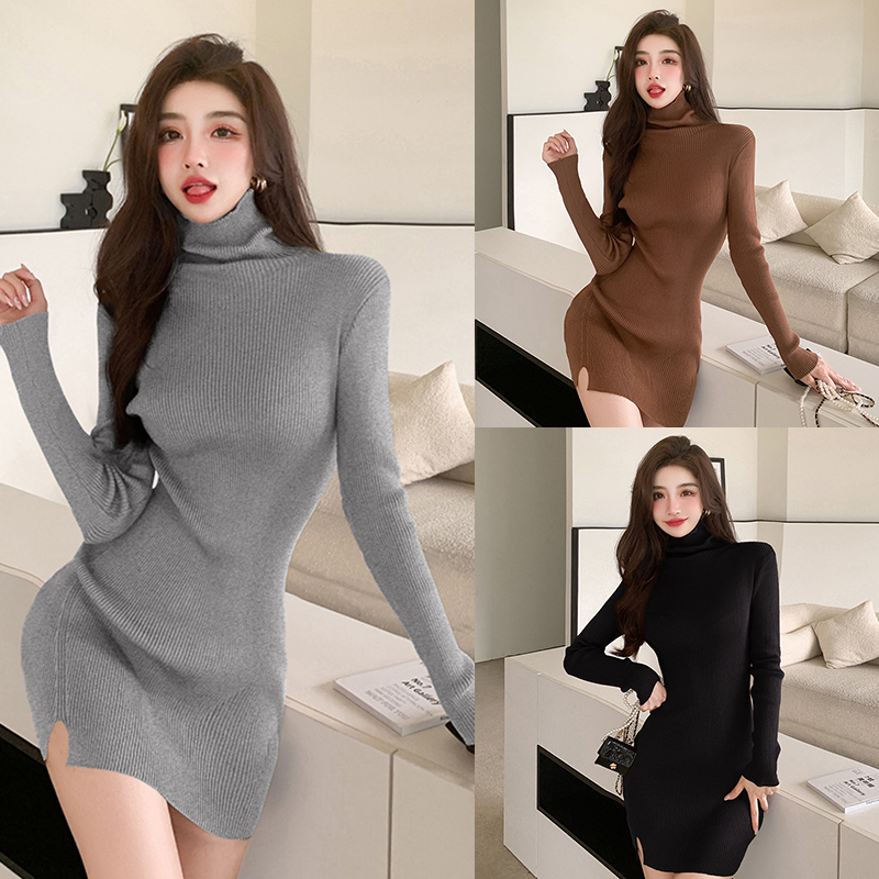 Real shooting knitted dress women's autumn and winter middle long style with split skirt inside, buttock wrapped high neck sweater