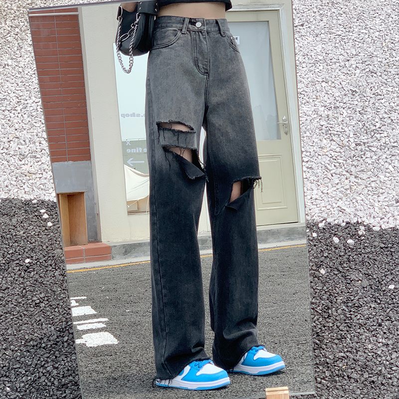 Real price 2021 new black gradient jeans straight tube high waist loose casual floor mops